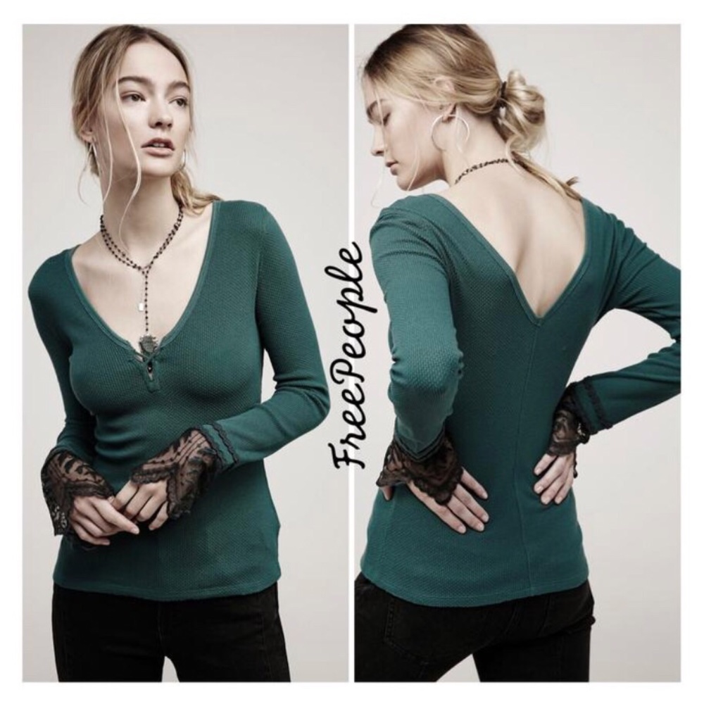 Free People Last Dance Lace Cuff V-Neck Thermal